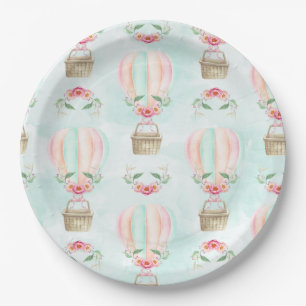 Watercolor Hot Air Balloon Mint Pink Peach Paper Plate