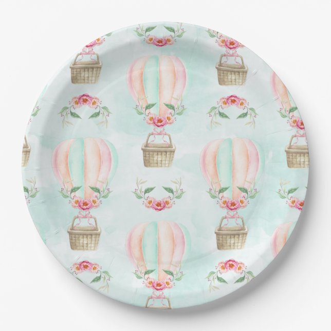 Watercolor Hot Air Balloon Mint Pink Peach Paper Plate (Front)