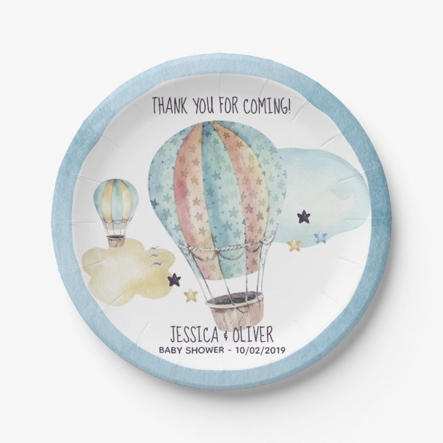 Watercolor Hot Air Balloon Party in Blue Paper Plate (Front)