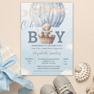 Watercolor Hot Air Balloon Teddy Bear Baby Shower Invitation
