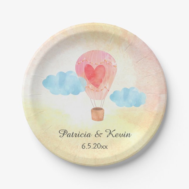 Watercolor Hot Air Balloon Wedding Paper Plate (Front)