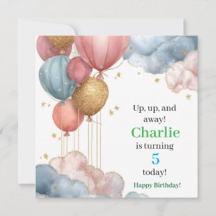 Watercolor Hot Air Balloons and Glitter Clouds Holiday Card