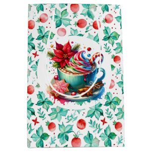 Watercolor Hot Cocoa, Candy Cane Christmas Medium Gift Bag