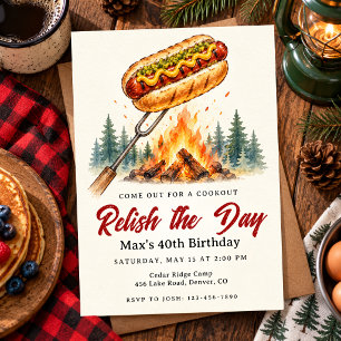 Watercolor Hot Dog Birthday BBQ Party Campfire Invitation