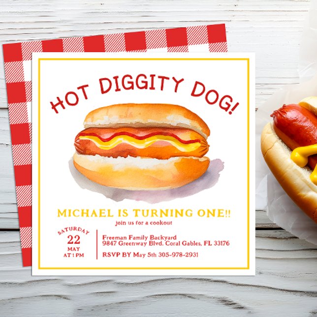 Watercolor Hot Dog Birthday Invitation – Kids BBQ  (Hot Dog Cookout Birthday Party Invitation)