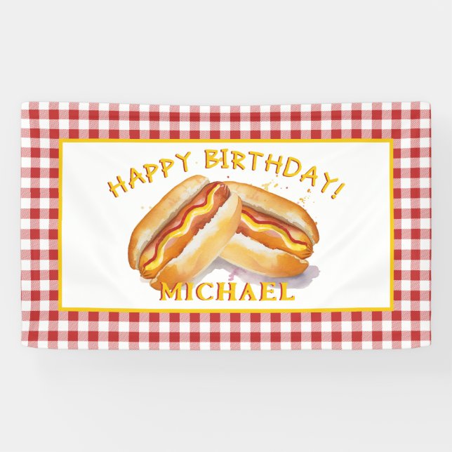 Watercolor Hot Dog Birthday Party Banner – Kids BB (Horizontal)