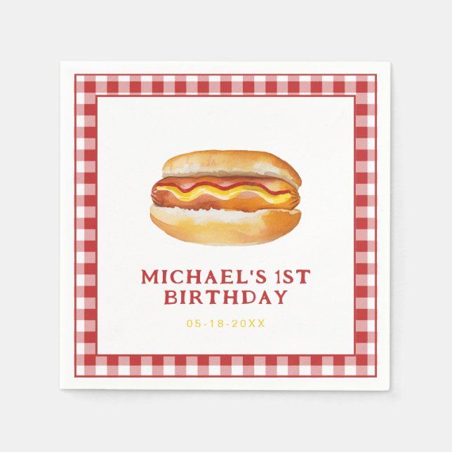 Watercolor Hot Dog Birthday Party Napkins – Kids B (Front)