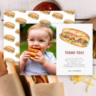 Watercolor Hot Dog First Birthday Party Thank You Card