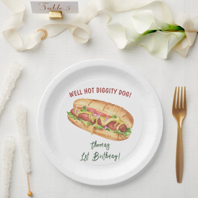 Watercolor Hot Dog Kids Birthday Paper Plate (Wedding)