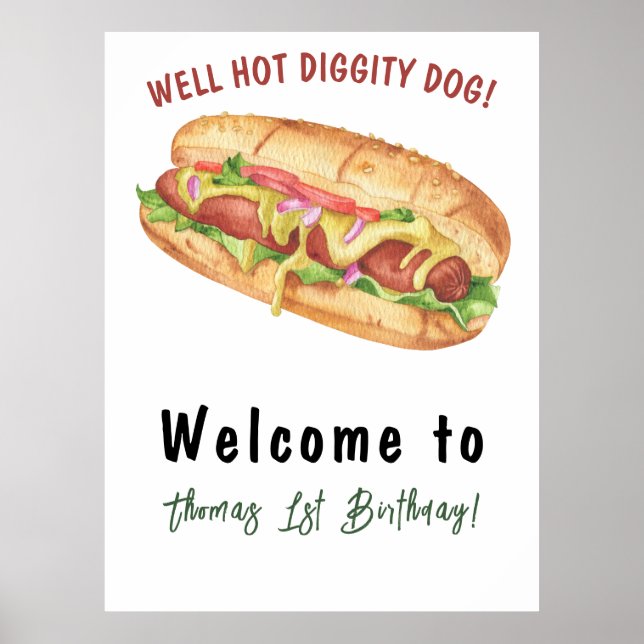 Watercolor Hot Dog Kids Birthday Poster (Front)