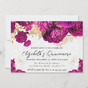 Watercolor Hot Pink and Gold Flowers Quinceanera Invitation