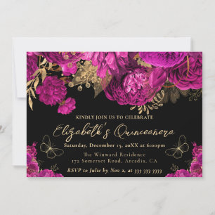 Watercolor Hot Pink and Gold Flowers Quinceanera Invitation