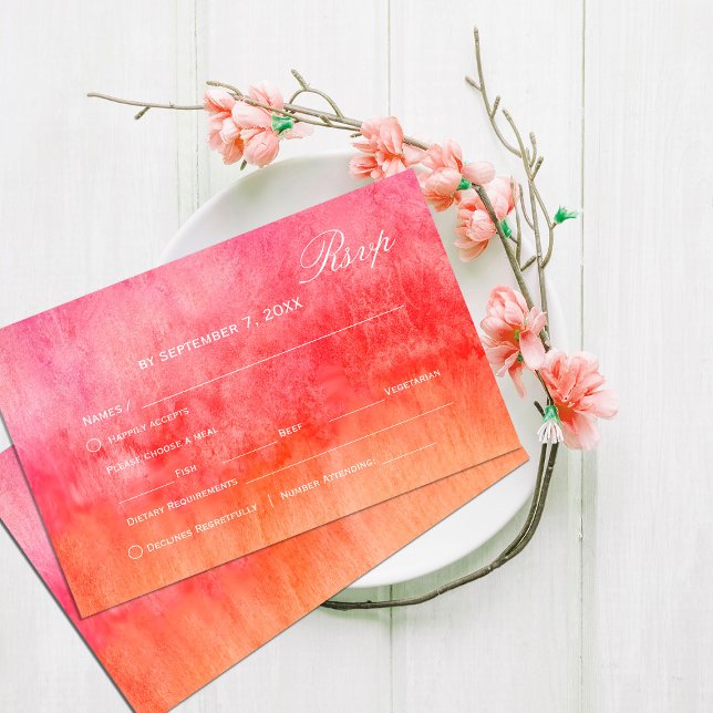 Watercolor Hot Pink and Orange Wedding Rsvp  Card (Watercolor Hot Pink and Orange Wedding Rsvp #elegantwatercolorrsvp #gradientpink,#hotpink #bold)