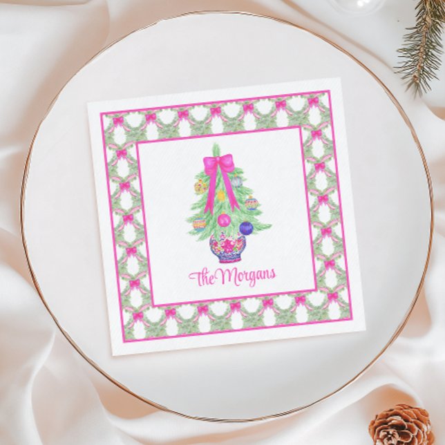 Watercolor Hot Pink Bow Ginger Jar Christmas Tree Napkin (Creator Uploaded)