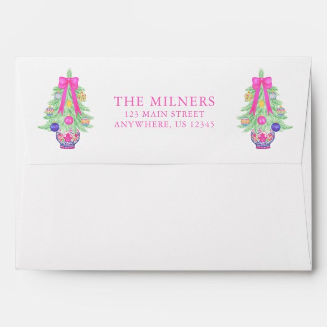 Watercolor Hot Pink Bow Ginger Jar Tree Christmas Envelope (Back (Top Flap))