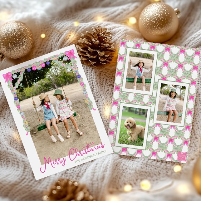 Watercolor Hot Pink Bows Garland Christmas Photo Holiday Card (Creator Uploaded)