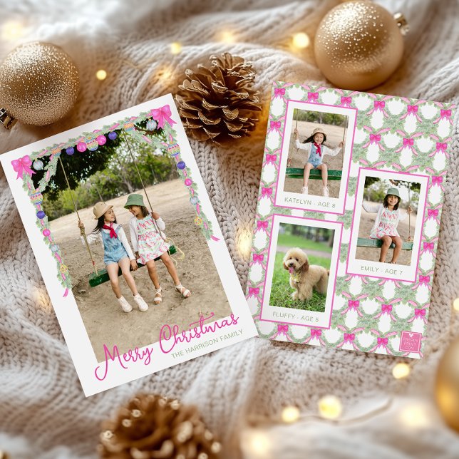 Watercolor Hot Pink Bows Garland Christmas Photo Holiday Card (Creator Uploaded)