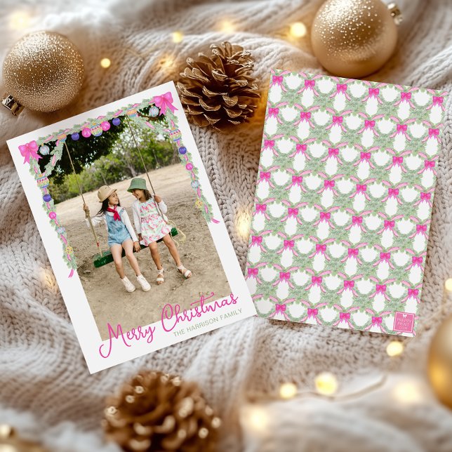 Watercolor Hot Pink Bows Garland Christmas Photo Holiday Card (Creator Uploaded)