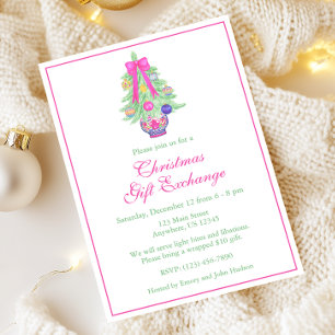 Watercolor Hot Pink Bows Ginger Jar Christmas Tree Invitation