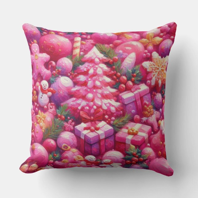Watercolor Hot Pink Christmas Motifs Holiday Cushion (Front)