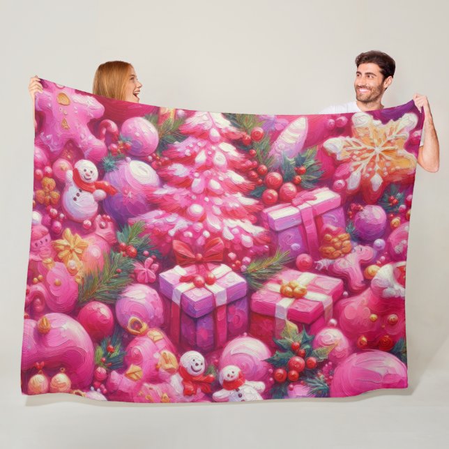 Watercolor Hot Pink Christmas Motifs Holiday Fleece Blanket (In Situ)