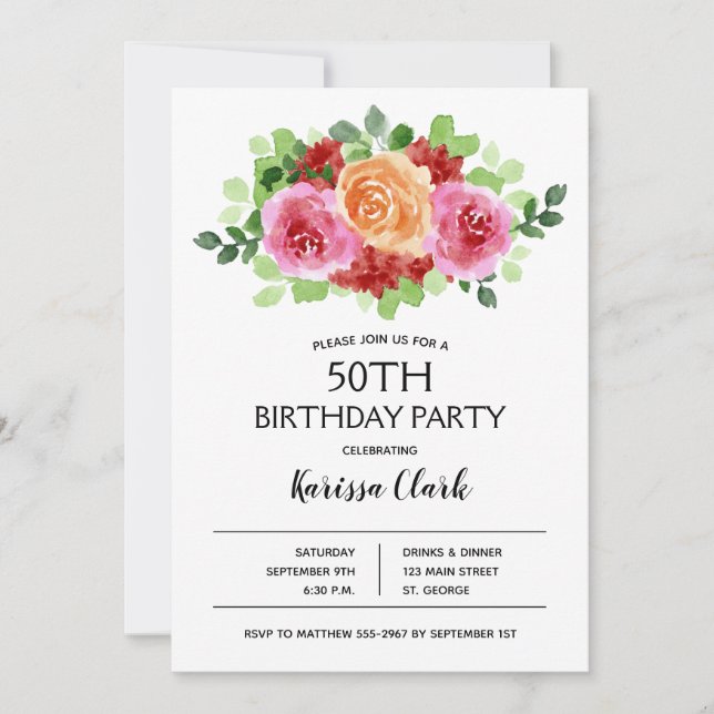 Watercolor Hot Pink Floral Birthday Invitations (Front)