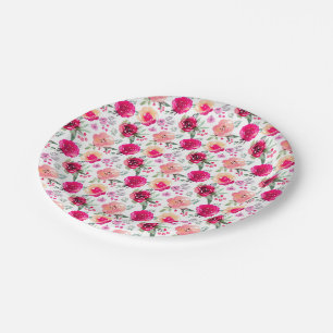Watercolor Hot Pink Floral Paper Plate