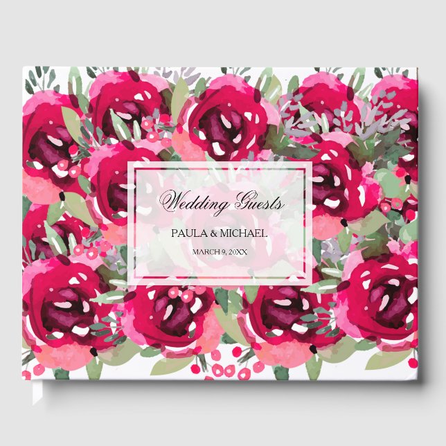Watercolor Hot Pink Floral Wedding Guest Book (Front)
