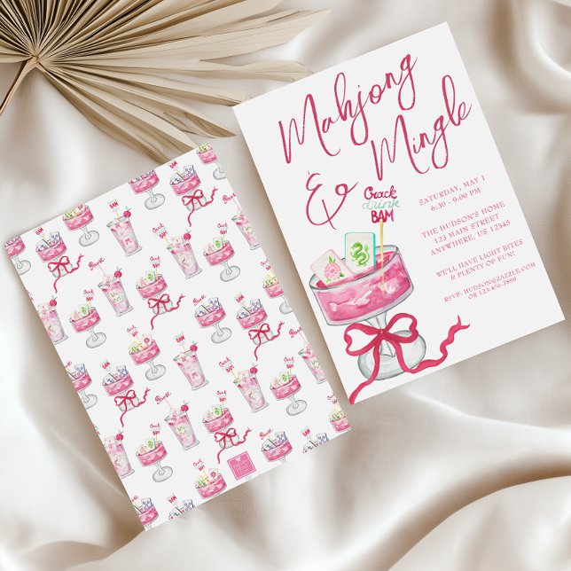Watercolor Hot Pink Mahjong Cocktails Party Invitation (Creator Uploaded)