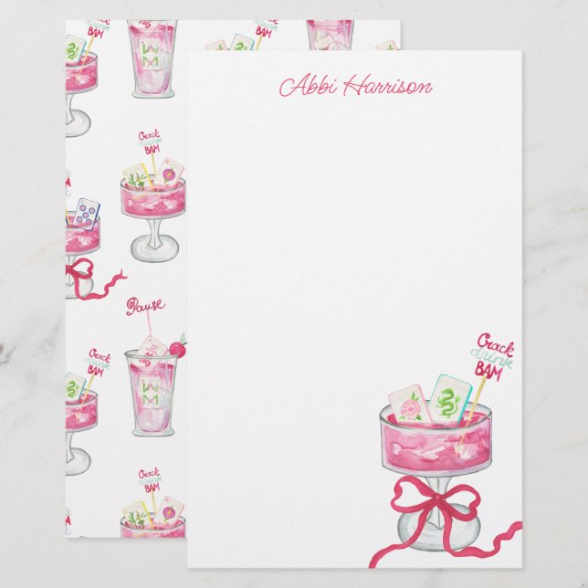Watercolor Hot Pink Mahjong Cocktails Stationery (Front/Back)