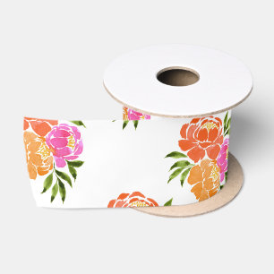 Watercolor Hot Pink Orange  Floral botanical  Satin Ribbon