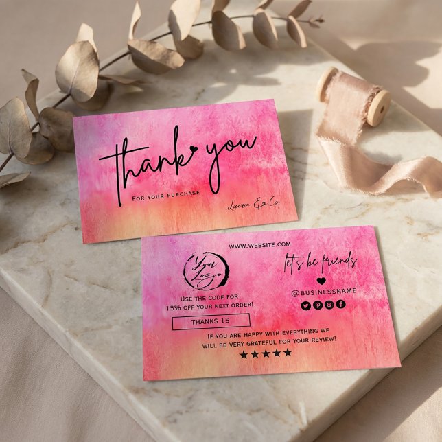 Watercolor Hot Pink Thank You Card Gold Accents (#watercolorpinkandorange #hotpink #softcolor #colorfulcard #thankyoucard #supportcard #addlogo #chic)