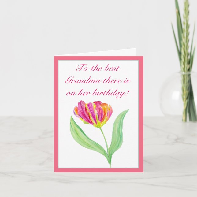 Watercolor Hot Pink Tulip Birthday Grandma Card (Front)