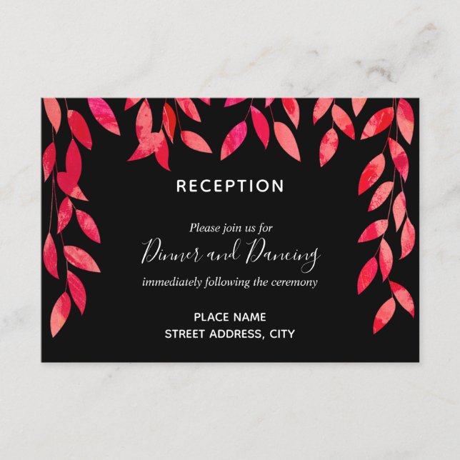 Watercolor Hot Pink Vines on Black Wedding Enclosure Card (Front)