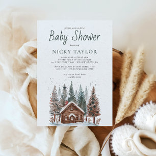 Watercolor House Pine Tree Snow Winter Baby Shower Invitation