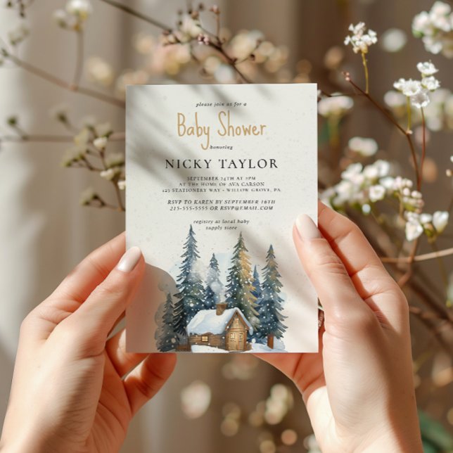 Watercolor House Pine Tree Snow Winter Baby Shower Invitation (Creator Uploaded)
