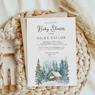 Watercolor House Pine Tree Snow Winter Baby Shower Invitation