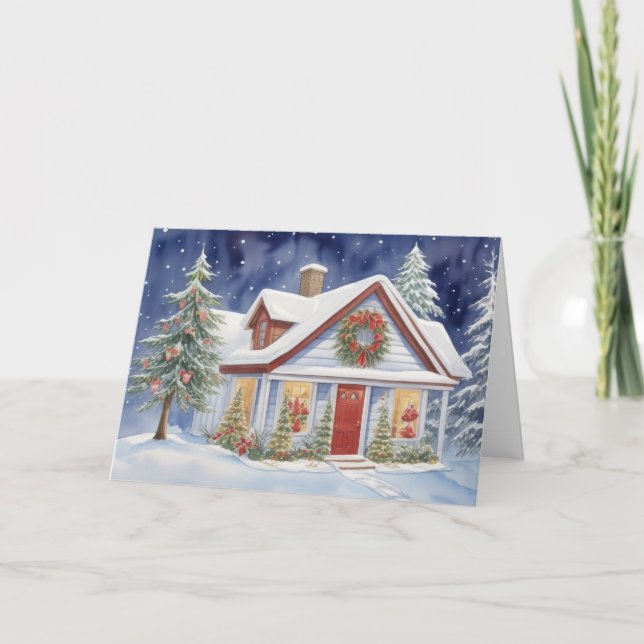 Watercolor House Winter Snow Christmas Holiday Card (Front)
