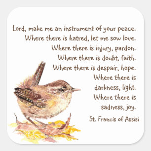 Watercolor House Wren Bird St. Francis Prayer Square Sticker