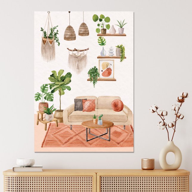 Watercolor Houseplants in Bohemian Style House Canvas Print (In situ boho interior)