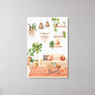 Watercolor Houseplants in Bohemian Style House Canvas Print