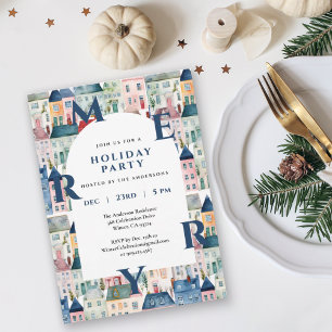 Watercolor Houses Blue Merry Christmas Party Invitation