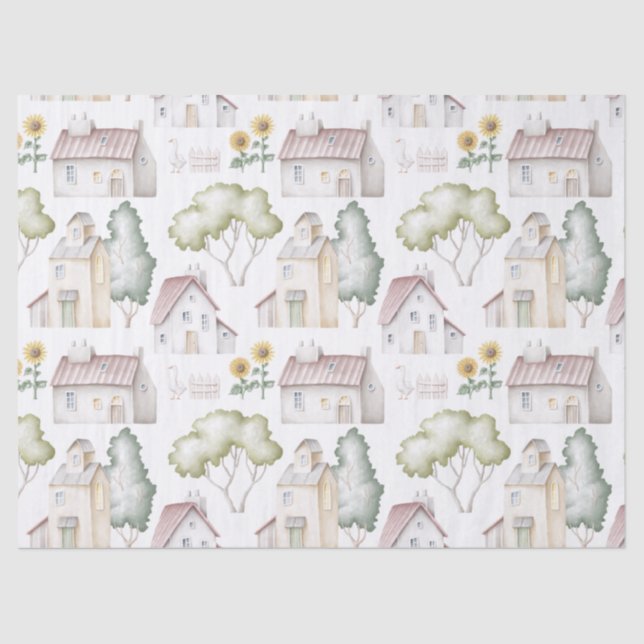 Watercolor Houses, Trees, and Sunflowers Decoupage Tissue Paper (Front)
