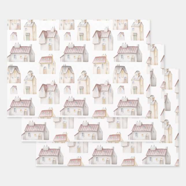 Watercolor Houses Wrapping Paper Sheet (Set)