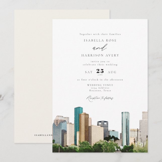 Watercolor Houston Texas City Skyline Wedding Invitation (Front/Back)