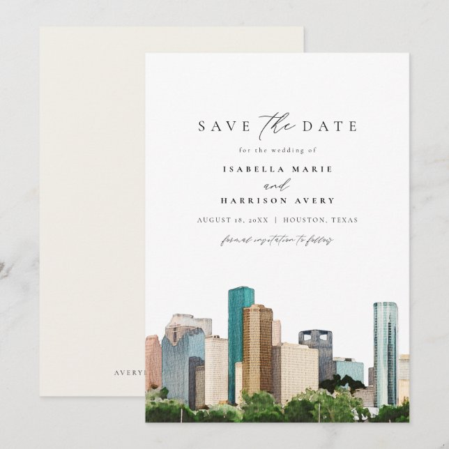 Watercolor Houston Texas  Skyline Save the Date Invitation (Front/Back)