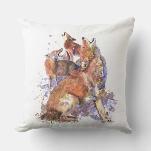 Watercolor Howling Coyote Animal Art Throw Pillow (Front)