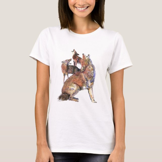 Watercolor Howling Coyotes Animal Nature Art T-Shirt (Front)