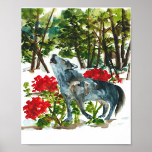 Watercolor howling wolf poster