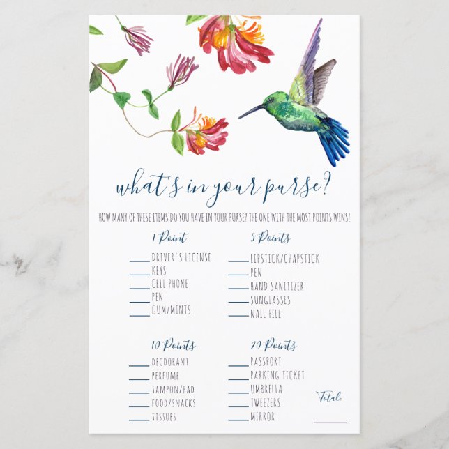 Watercolor Humminbird What's in your Purse? Game (Front)